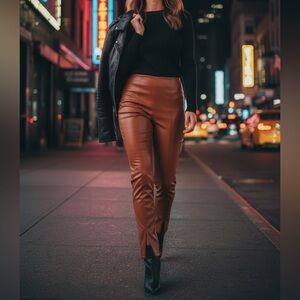 BROWN FAUX LEATHER TAILORED ANKLE FRONT SLIT SKINNY PANTS BY VERY J SIZE MEDIUM